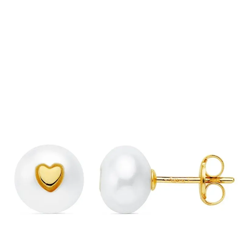 Pendientes oro 18k perla cultivada 7.5mm. corazón cierre presión niña