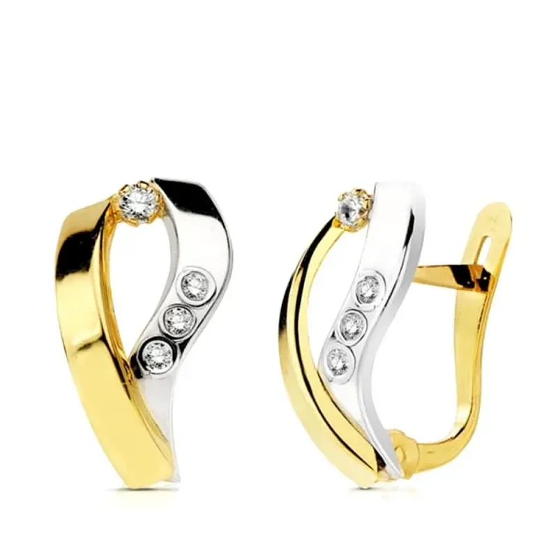 Pendientes Oro Bicolor de 9k con 15 mm. dos bandas combinadas circoni