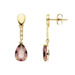 Pendientes oro 18k forma gota 28mm. piedra imitación alejandrita detalle circonitas cierre presión