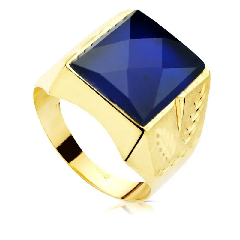 Sello Oro de 9k hueco con piedra azul centro cabeza de 13.5 x 11.5 mm