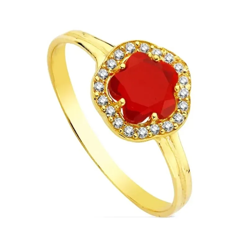 Sortija en Oro 9k cabeza forma flor circonita roja combinada ancho má