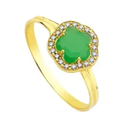 Sortija en Oro 9k cabeza forma flor verde circonitas combinada ancho