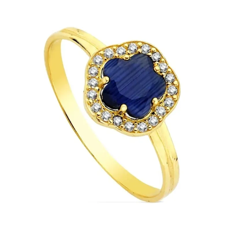 Sortija en Oro 9k cabeza forma flor circonita azul combinada ancho má
