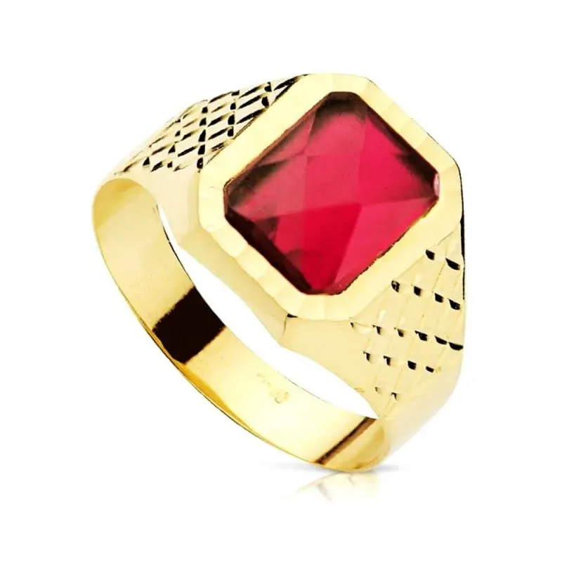 Sello en Oro de 9k para niño con piedra rubí de 9 x 7 mm. y tallado