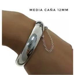 Pulsera brazalete plata Ley 925m media caña 60mm. lisa grueso 12mm. cadena de seguridad