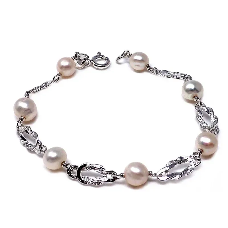 Pulsera plata ley 925m 16cm. perla cultivada nudo marinero [AB5583]