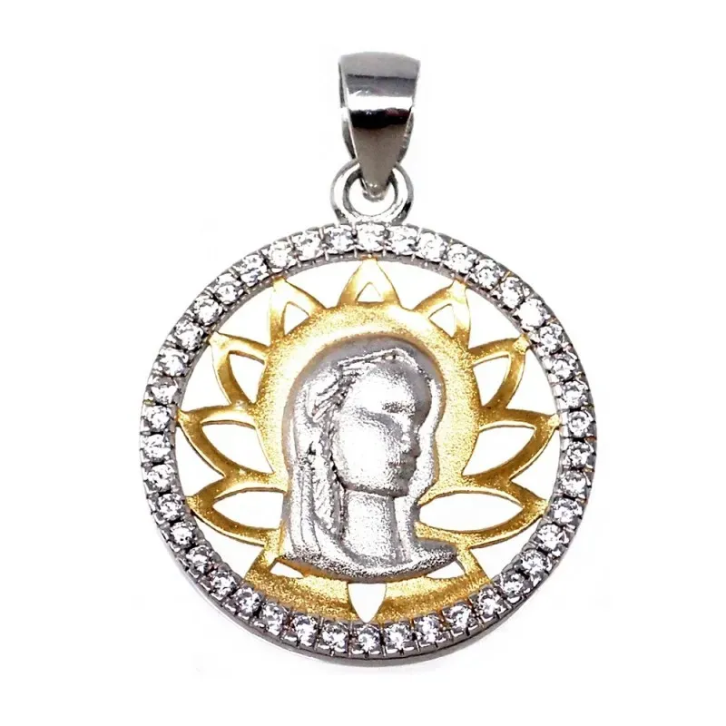 Colgante plata Ley 925m bicolor Virgen Niña redondo [AB5584]