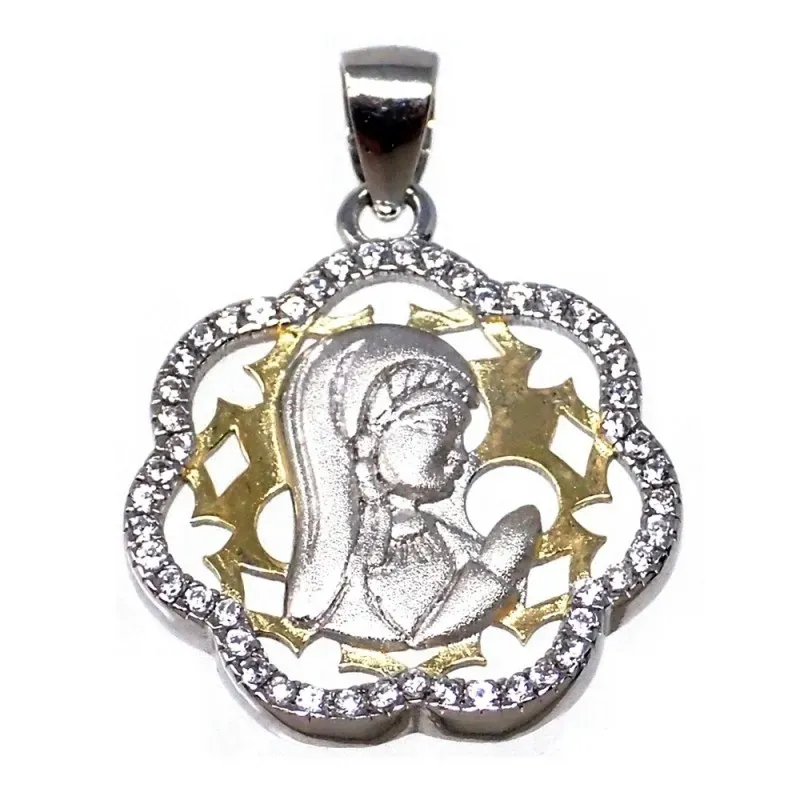 Colgante plata Ley 925m bicolor Virgen Niña flor circonitas [AB5586]