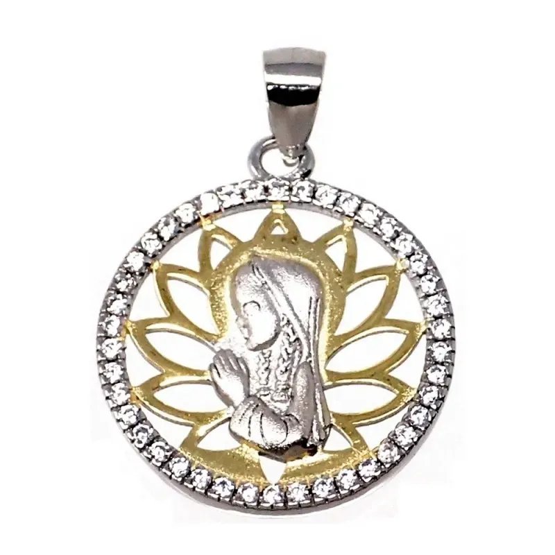 Colgante plata Ley 925m bicolor Virgen Niña forma redonda [AB5587]