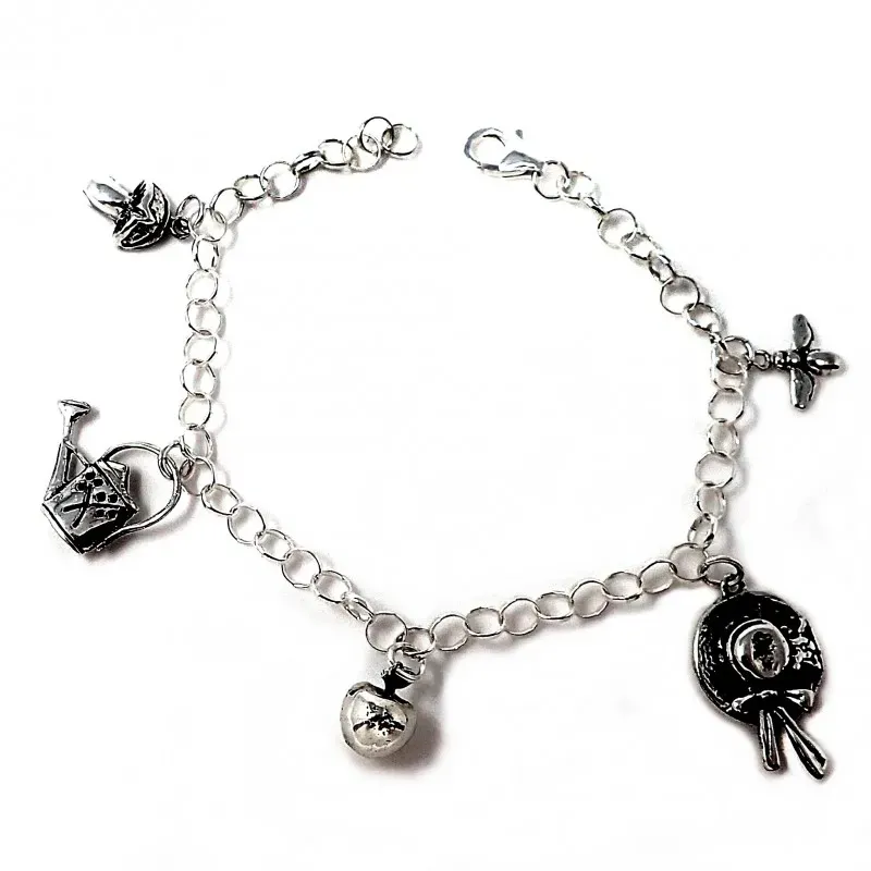 Pulsera plata Ley 925m fetiche 19cm. motivos jardinería  [AB4895]