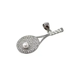 Colgante plata Ley 925m raqueta tenis pala pádel 31mm. perla sintética circonitas mujer