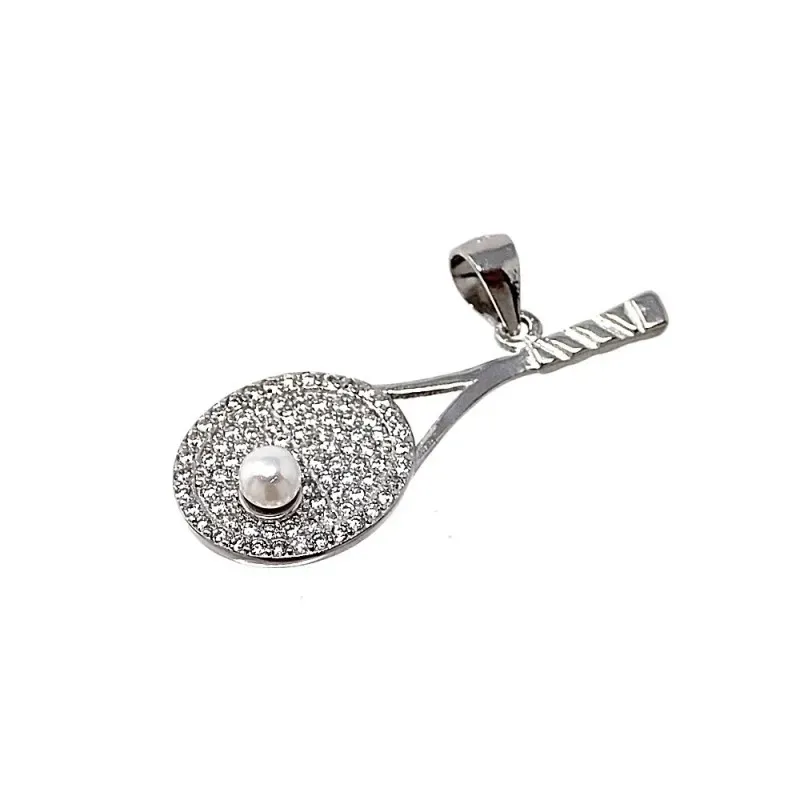 Colgante plata Ley 925m raqueta tenis pala pádel 31mm. perla sintética circonitas mujer