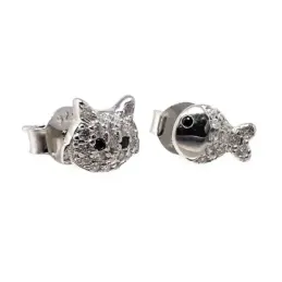 Pendientes plata Ley 925m rodiada motivos gato pez circonitas cierre presión mujer