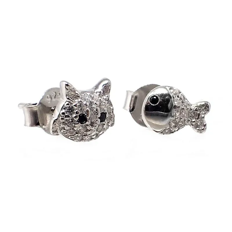 Pendientes plata Ley 925m rodiada motivos gato pez circonitas cierre presión mujer