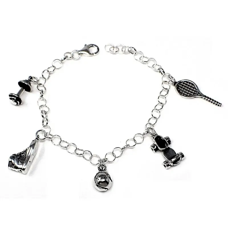 Pulsera plata Ley 925m fetiche 18.5cm. motivos deportes [AB4897]