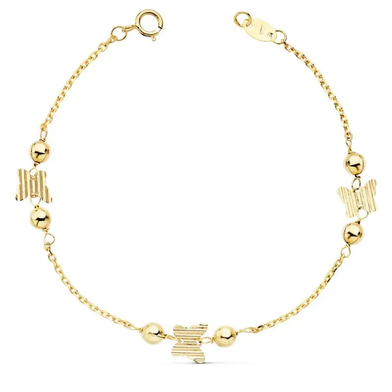 Pulsera oro 18k 17.5cm. motivos mariposas bolas lisas 4mm. [AB8821]