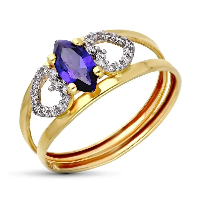 Sortija en Oro Bicolor 9k dos bandas circonita azul marquise combinad