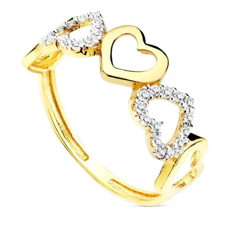 Sortija en Oro Bicolor de 9k con cinco corazones lisos combinados cir