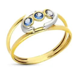 Sortija Oro Bicolor de 9k doble cuerpo con circonitas color aguamarin