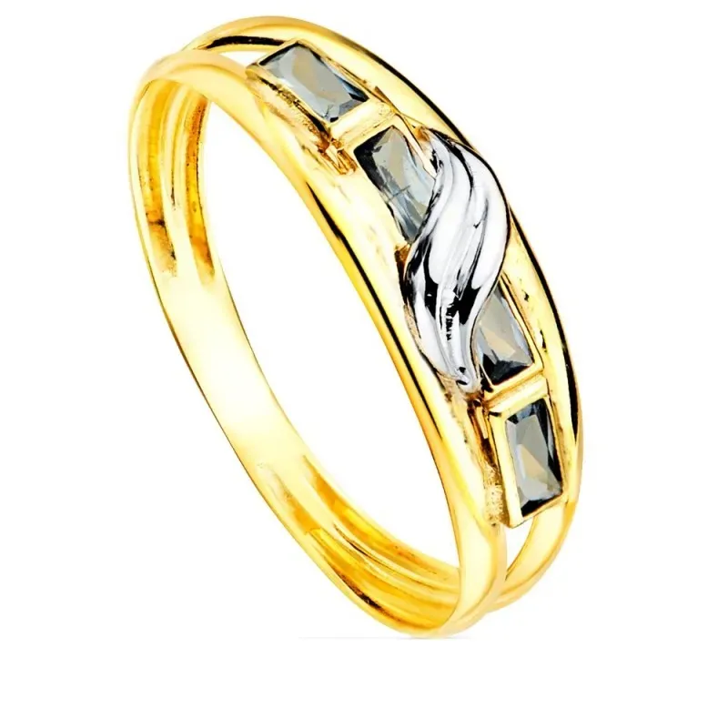 Sortija Oro Bicolor 9k doble cuerpo circonitas de color aguamarina an