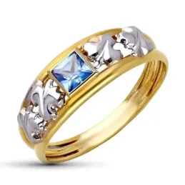 Sortija Oro Bicolor 9k doble cuerpo circonita cuadrada color aguamari