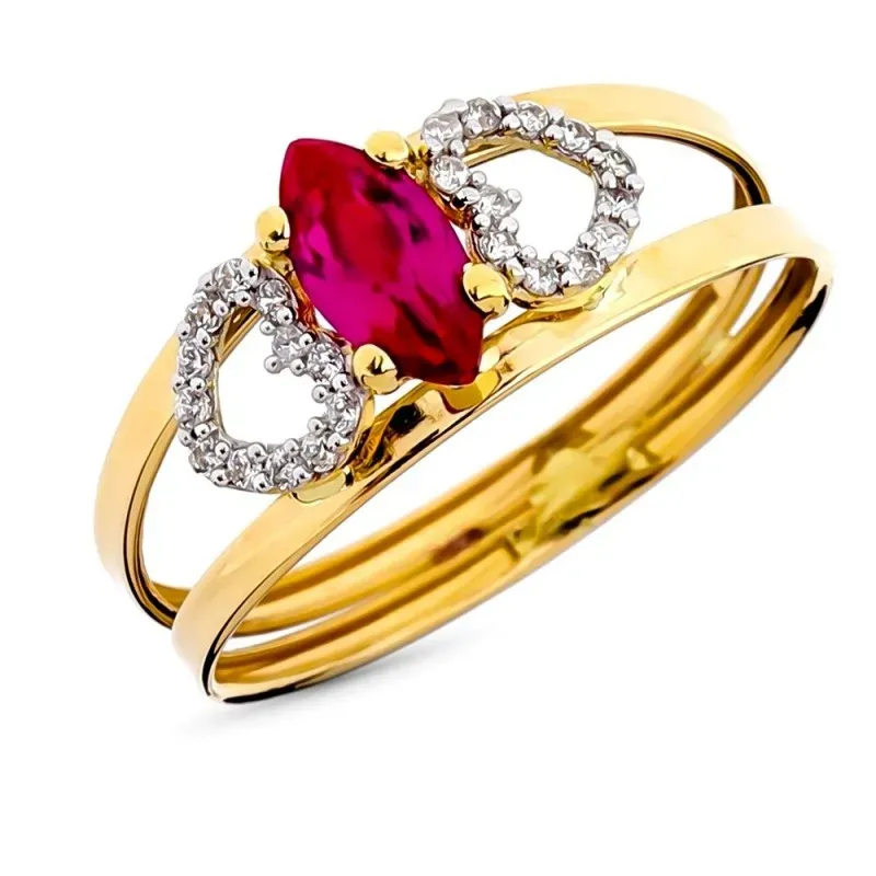 Sortija en Oro Bicolor 9k dos bandas circonita roja marquise combinad