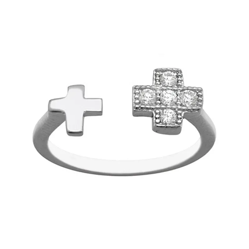 Sortija plata Ley 925m ajustable cruces lisa circonitas [AB6711]