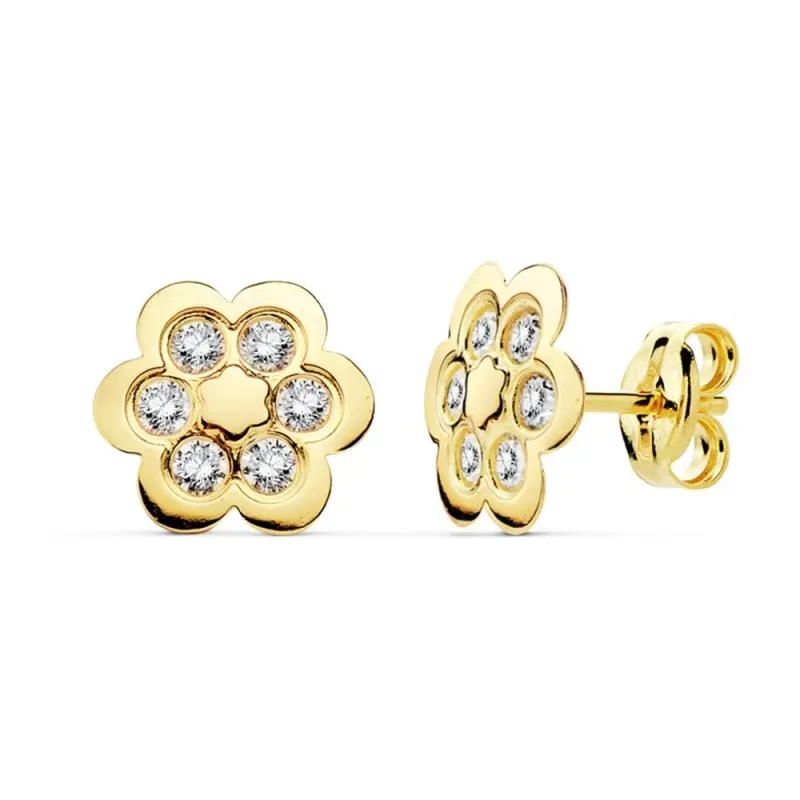 Pendientes oro 18k flor 9mm. circonitas pétalos [AB8874]