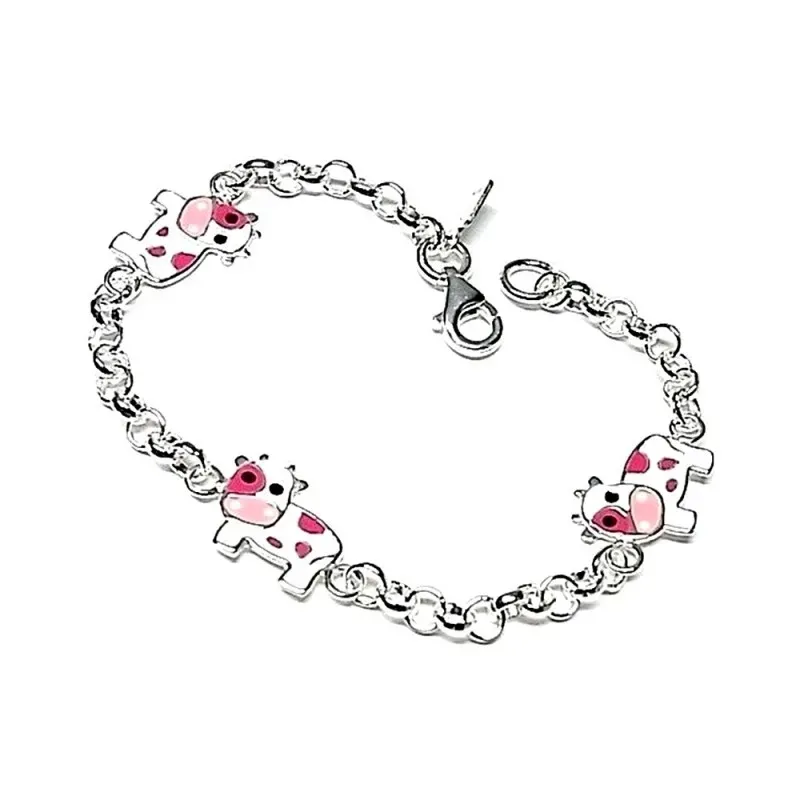 Pulsera plata ley 925m vaquita esmaltada cadena rolo [AB0667]