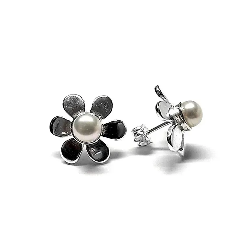Pendientes plata Ley 925m flor perla cultivada [AB1335]