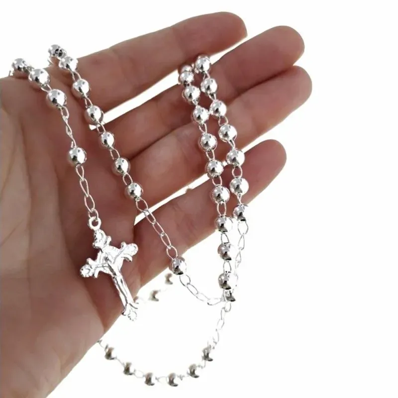 Rosario plata Ley 925m cruz crucifijo medalla virgen Milagrosa bolas 6mm. lisas