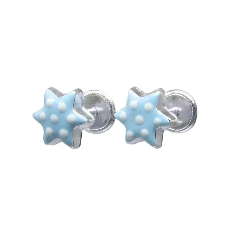 Pendientes plata Ley 925m estrellas esmaltadas 7mm. color azul cierre tornillo niña