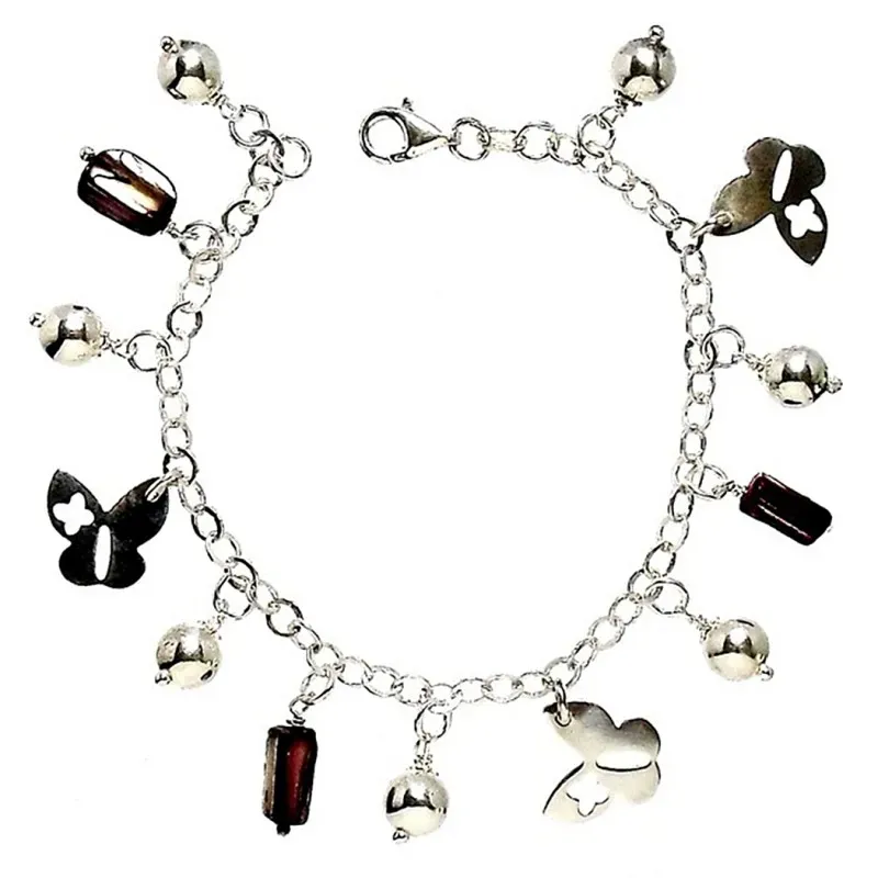 Pulsera plata Ley 925m colgantes mariposas bolas [2273]