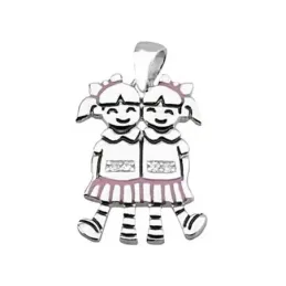 Colgante plata Ley 2 chicas falda rosa esmalte [5072]