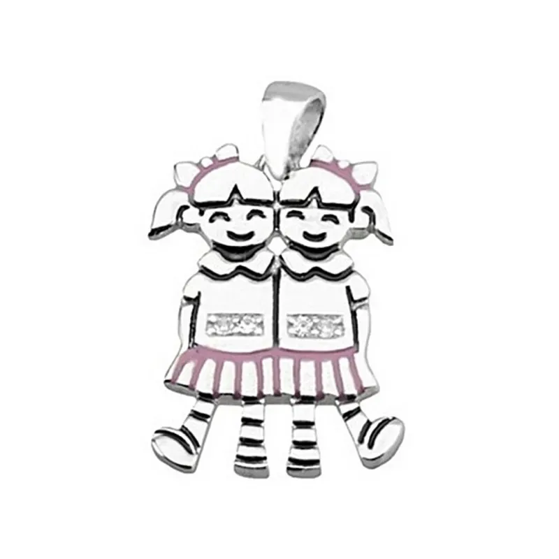 Colgante plata Ley 2 chicas falda rosa esmalte [5072]
