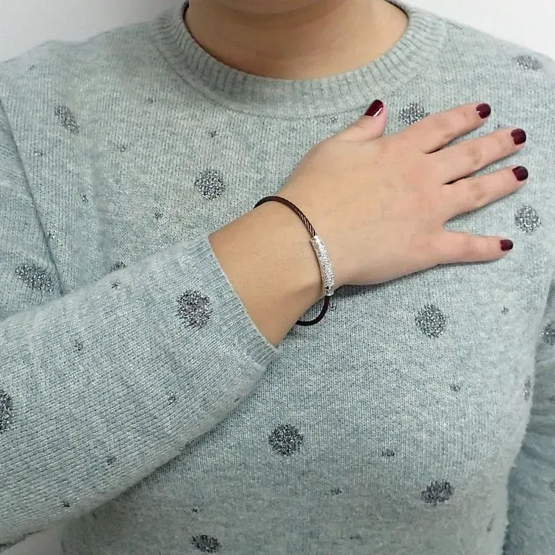Pulsera acero-plata Ley 925m tramo marrón circonitas [6384]