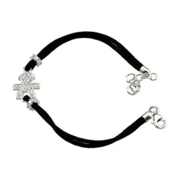 Pulsera plata Ley 925m cordón negro doble niño circonita [6390]