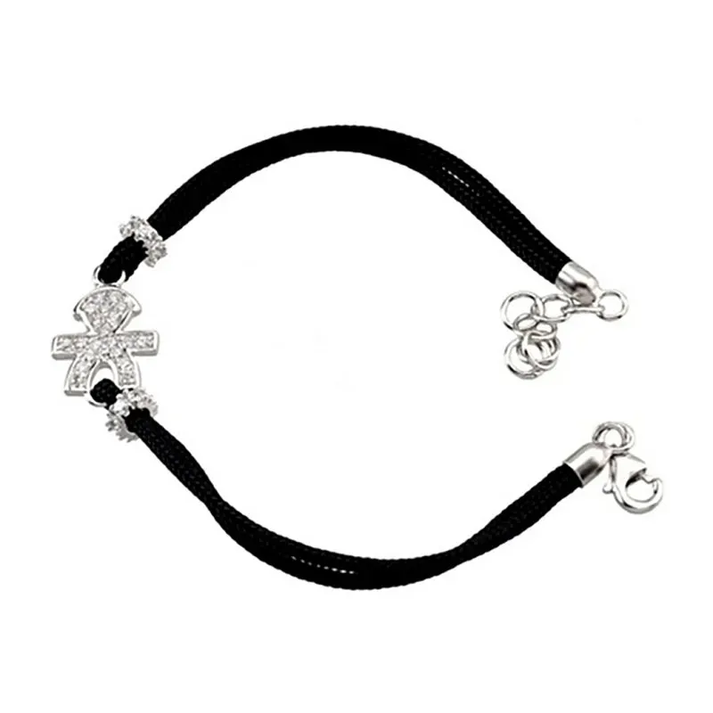 Pulsera plata Ley 925m cordón negro doble niño circonita [6390]