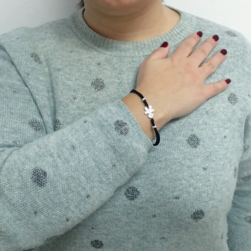 Pulsera plata Ley 925m cordón negro doble niño circonita [6390]
