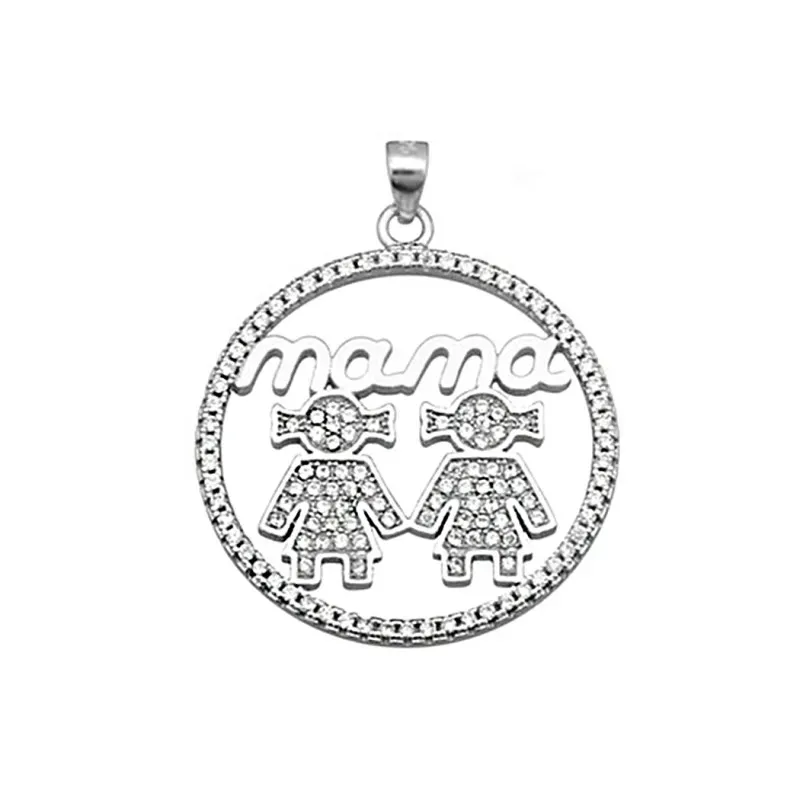 Colgante plata Ley 925m  rodiada MAMÁ 2 chicas 25mm. circonita [8765]