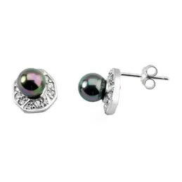 Pendientes plata ley 925m perla negra circonitas cierre [9258]