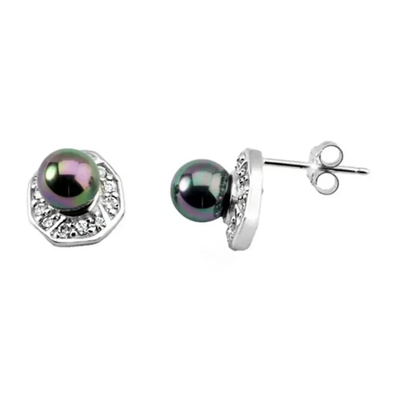 Pendientes plata ley 925m perla negra circonitas cierre [9258]
