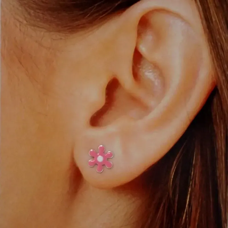 Pendientes plata ley 925m flor rosa esmaltada 9mm. [AB0620]