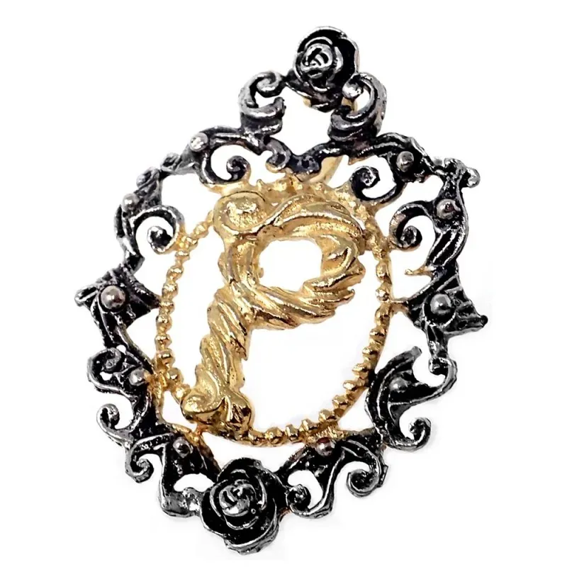 Colgante plata Ley 925m letra P 35mm. chapado oro oxidado [AB7213]