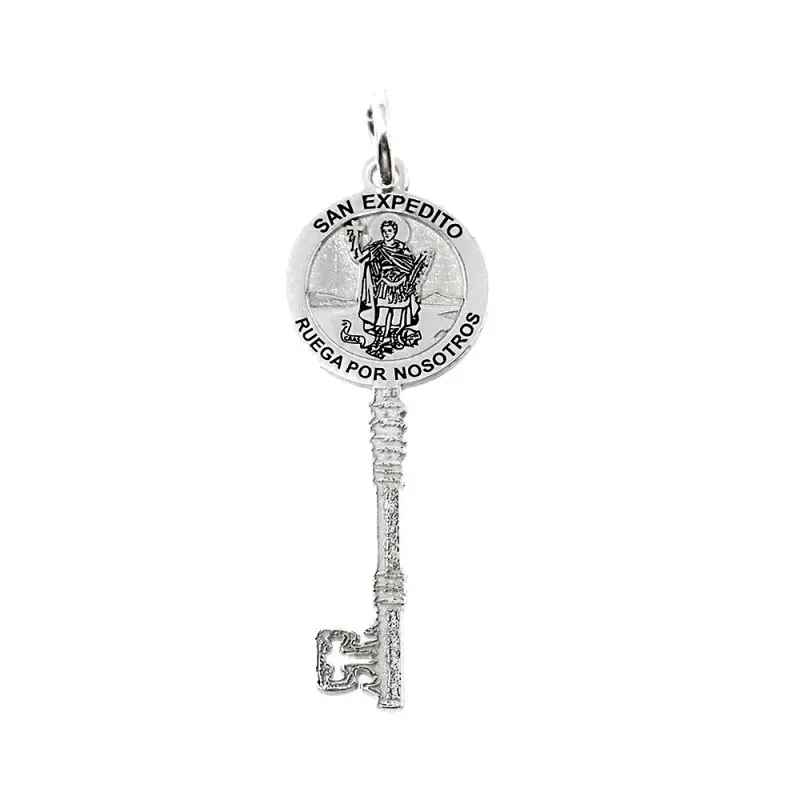 San Expedito llave colgante plata Ley 925m unisex 3.20 cm. mensaje RU