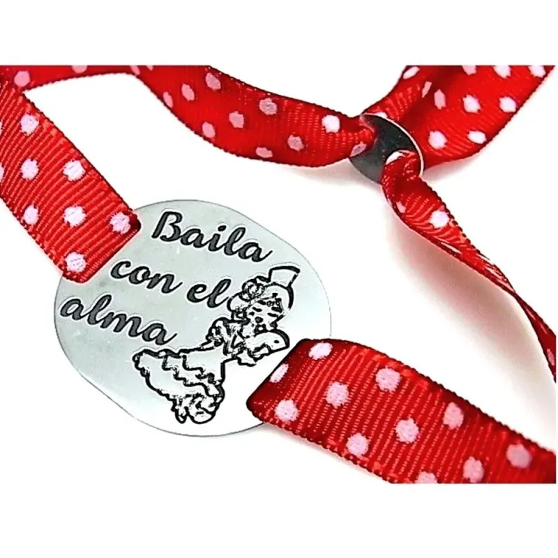 Pulsera plata Ley 925m placa BAILA CON EL ALMA flamenca lazo lunares color rojo adaptable
