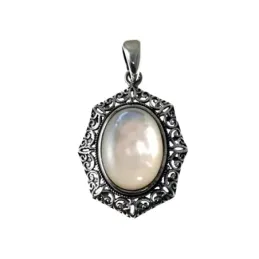 Colgante plata Ley 925m mujer 30mm. centro piedra nácar oval borde calado filigrana