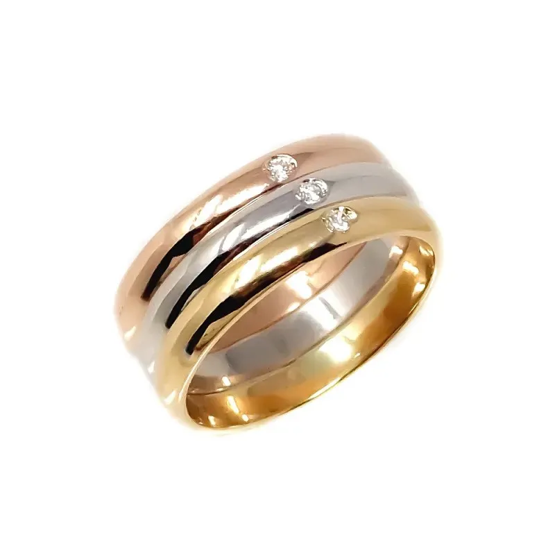 Alianza oro tricolor 18k tres brillantes 0.032ct. diámetro 2mm. Ancho
