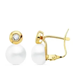 Pendientes oro 18k 12mm. perla cultivada botón 7mm. chatón circonita cierre catalán niña