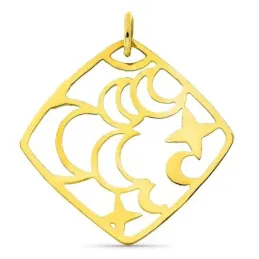 Colgante oro 18k forma rombo interior luna estrellas calados liso